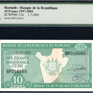 Burundi 2003 10 Francs Banque de la Republique Note SCWPM-33d Legacy Gem New 66 PPQ