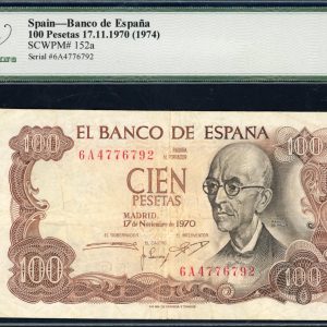Spain 1970 (ND 1974) 100 Pesetas Banco de Espana Note SCWPM-152a Legacy Very Fine 20 PPQ