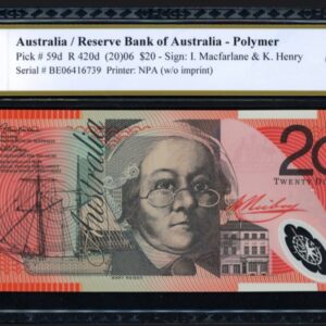 Australia (20)06 $20 Reserve Bank of Australia Note SCWPM-59d Macfarlane / Henry PCGS Banknote Superb Gem Unc 67 PPQ