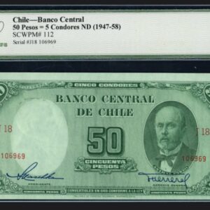 Chile ND (1947-58) 50 Pesos (5 Condores) Banco Central Error Note *Ink Smears Error* SCWPM-112 Legacy Choice New 63 PPQ